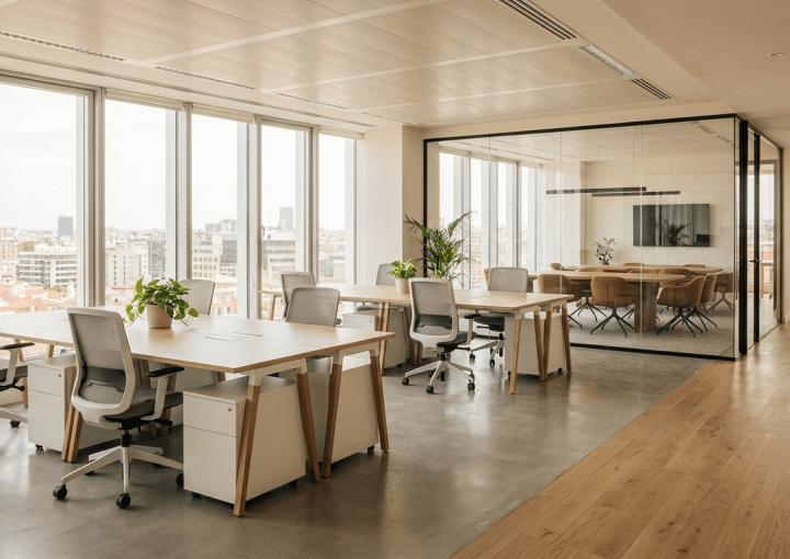 Oficina virtual en Madrid en un centro de negocios moderno con despachos privados y salas de reuniones