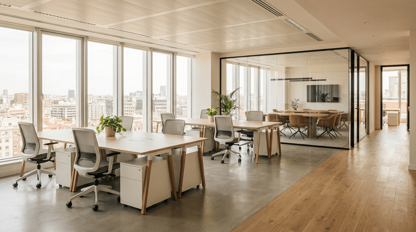 Oficina virtual en Madrid en un centro de negocios moderno con despachos privados y salas de reuniones
